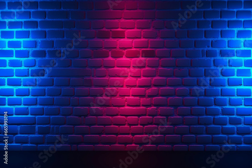 Neon light on brick walls that are not plastered background and texture. Lighting effect red and blue neon background 