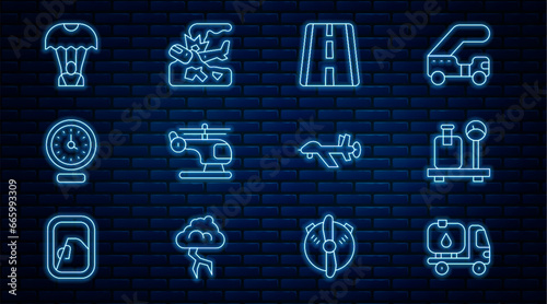Set line Fuel tanker truck, Scale with suitcase, Airport runway, Helicopter, Clock, Parachute, UAV Drone and Plane crash icon. Vector
