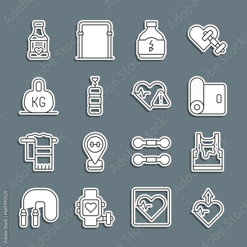 Set line Heartbeat increase, Sweaty sleeveless t-shirt, Fitness mat roll, Sports nutrition, Punching bag, Weight, Vitamins and rate icon. Vector