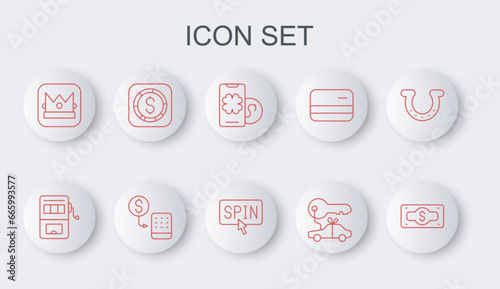 Set line Stacks paper money cash, Slot machine, Online poker table game, Car gift, King playing card, Coin with dollar, Casino chips exchange and spin button icon. Vector