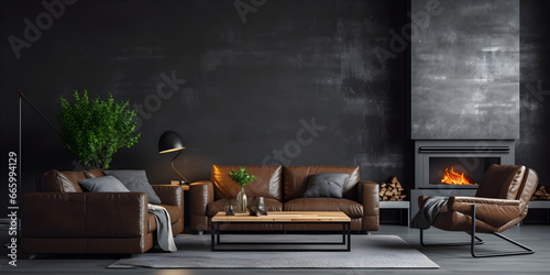 Minimal Industrial living room with black leather sofa metal accents and raw brick wall background The mood is edgy and modern 