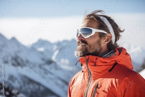 Portrait side view of a man in warm clothes and ski goggles.