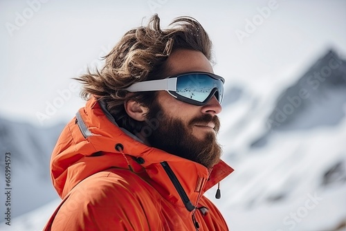 Portrait side view of a man in warm clothes and ski goggles.