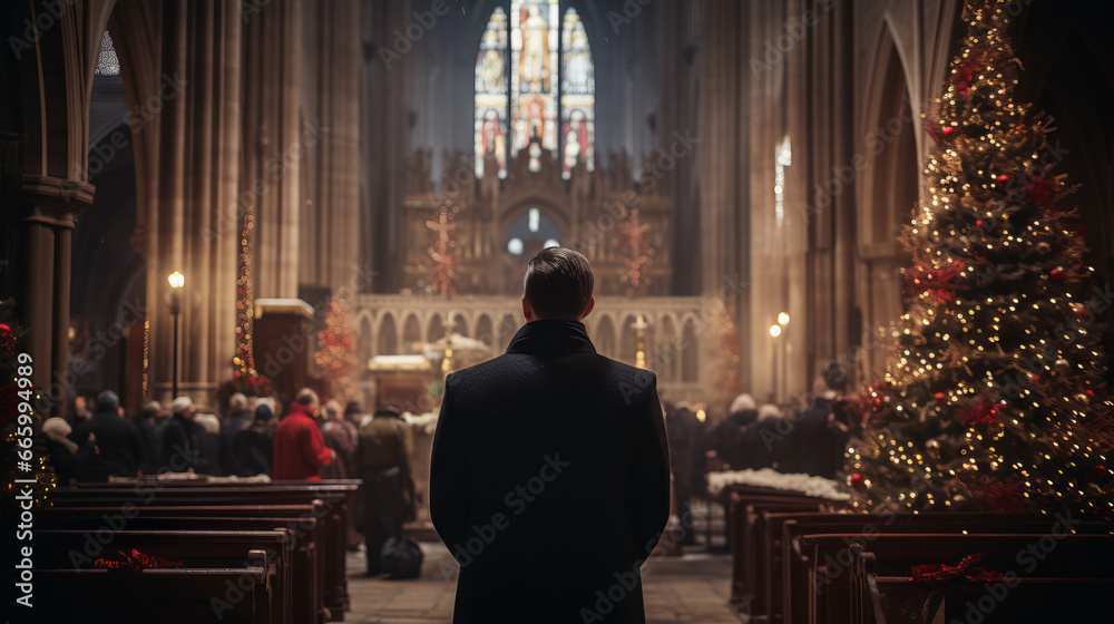 People at church on christmas evening, with beautiful christmas decoration. - obrazy, fototapety, plakaty 