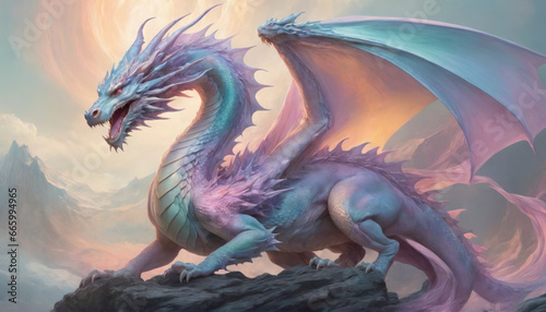 Fantasy illustration of ancient dragon creature in pastel colors digital art style background © Roman