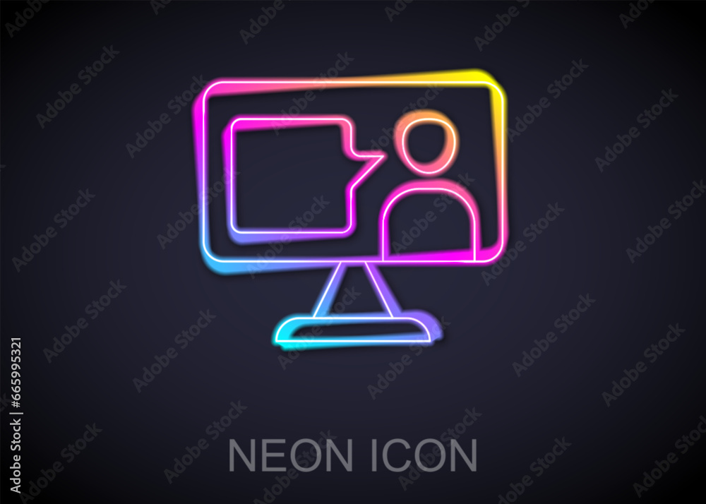 Fototapeta premium Glowing neon line E-learning of different foreign languages icon isolated on black background. Vector