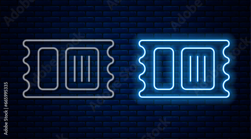 Glowing neon line Circus ticket icon isolated on brick wall background. Amusement park. Vector