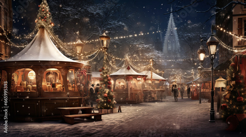 Beautiful christmas market at night with snow, generated with ai.