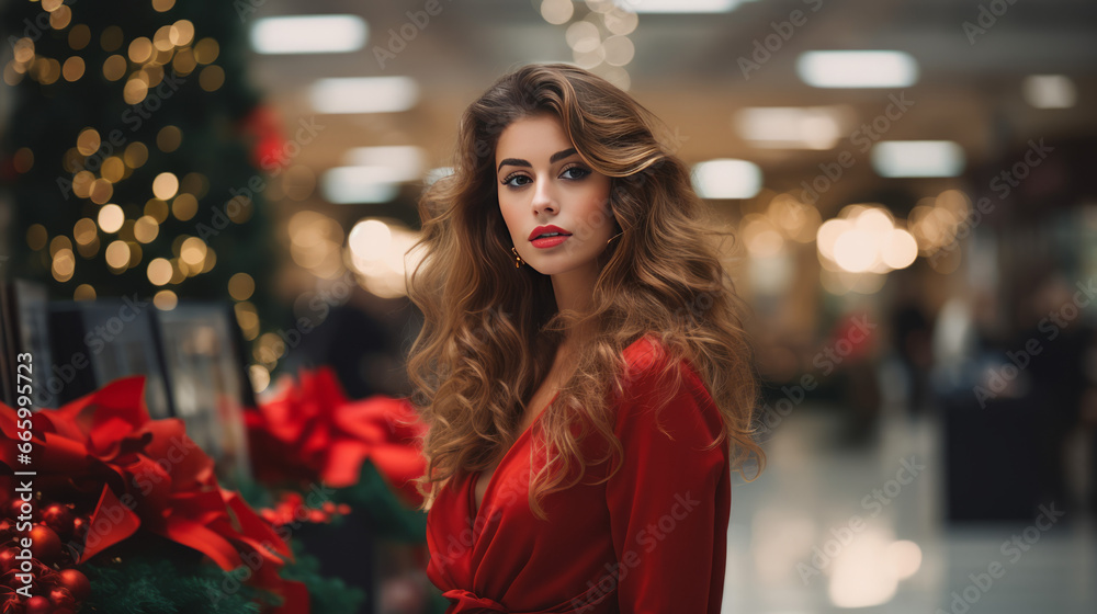 Beautiful woman in shopping mall with christmas decoration. Generated with ai.