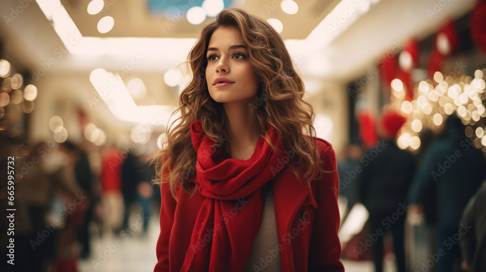 Beautiful woman in shopping mall with christmas decoration. Generated with ai.