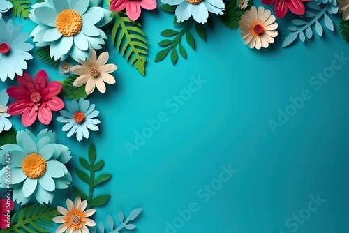 Top view of colorful paper cut flowers with green leaves on turquoise green background with copy space, spring creative menu, spring background, spring wallpaper © Peng