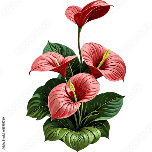 Red Anthurium illustration isolated on transparent background png, clipart for gardening, botanicals, tropical plant, special event, spring, decoration