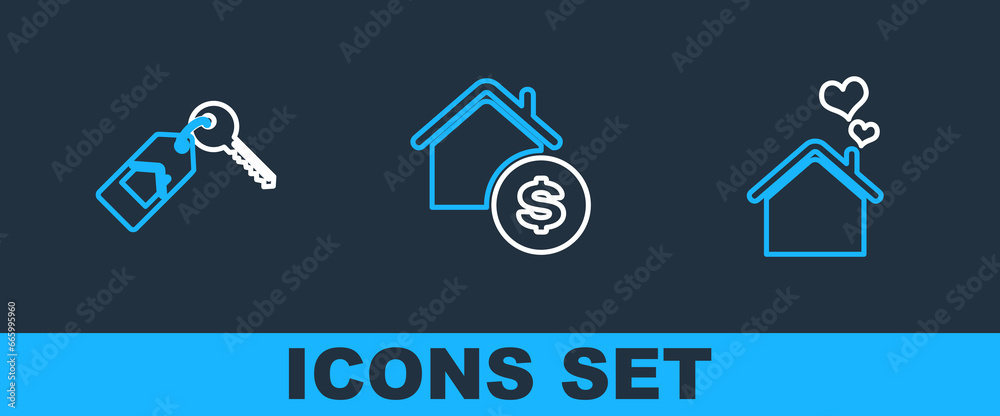 Set line House with heart shape, key and dollar icon. Vector Set line House with heart shape, key and dollar icon. Vector
