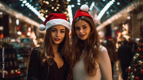Two women with christmas hats in shopping mall. Generated with ai.