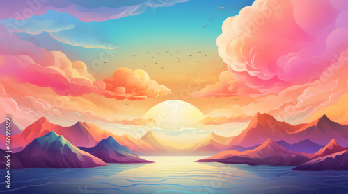 A synthwave colorful sun over the sea background