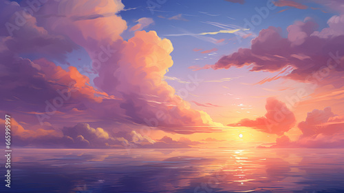 A synthwave colorful sun over the sea background © Andreas