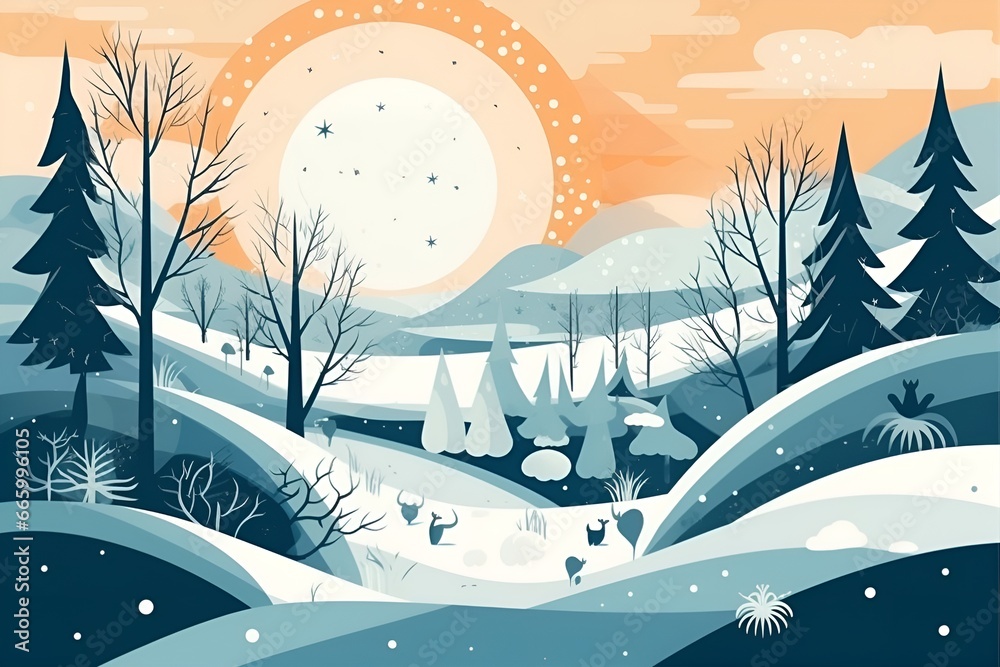 Naklejka premium Snowy Serenity, Winter Snowy Landscape Vector Illustration, ,winter snowy landscape tranquil Beauty of Winter, by Generative AI.