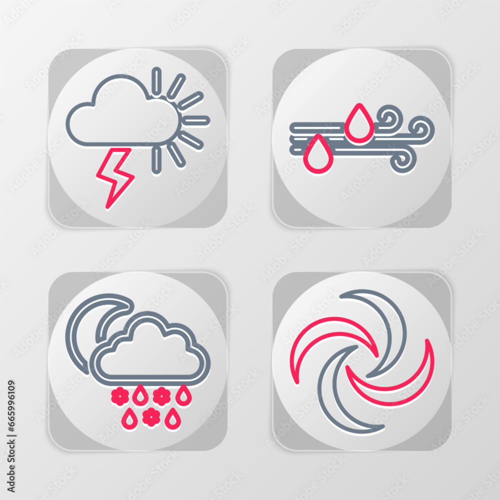 Set line Tornado, Cloud with snow, rain, moon, Wind and and Storm icon. Vector