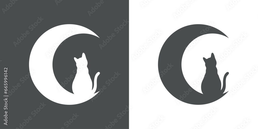Naklejka premium Silueta de gato negro sentado en media luna para su uso en invitaciones y tarjetas de Halloween