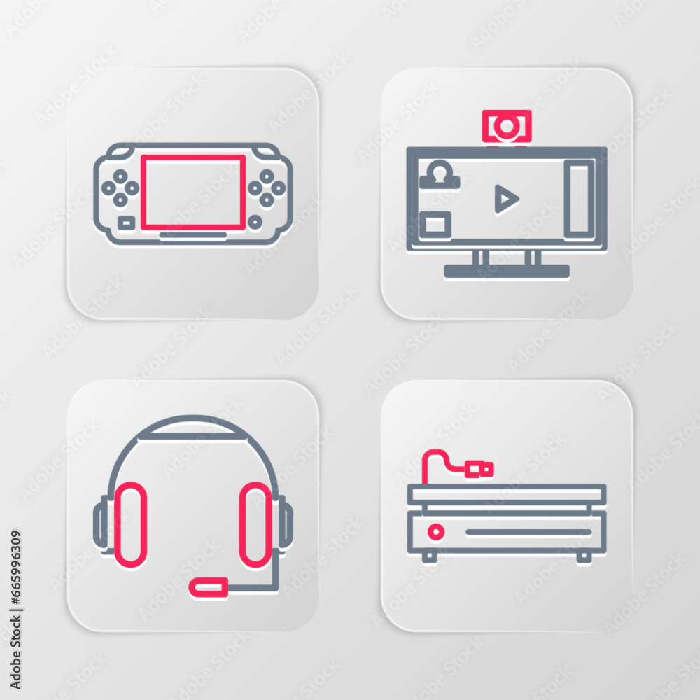 Set line Video game console, Headphones, Live streaming online and Portable video icon. Vector Set line Video game console, Headphones, Live streaming online and Portable video icon. Vector