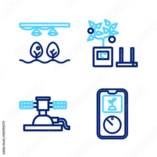 Set line Smart farming technology, Automatic irrigation sprinklers, and with bulb and plant icon. Vector