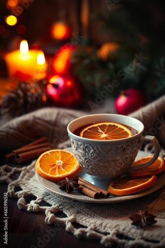 Cozy Christmas tea cup still life and woolen blanket (vertical view), autumn and winter drinks, warm Christmas hot drink and blanket
