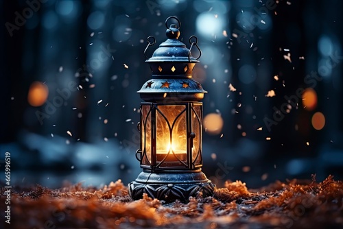 The lantern stands on the snow and autumn leaves, in the style of enchanting lighting.