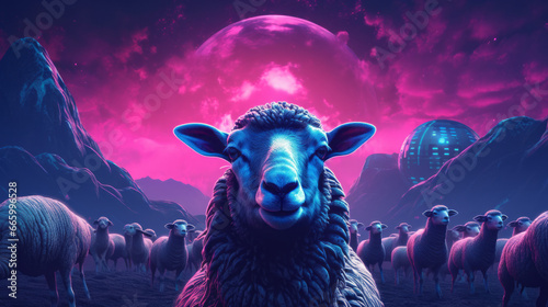 A synthwave sheep in neon pink colors photo