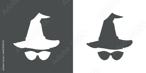 Logo con silueta de sombrero de bruja con gafas de sol para su uso en invitaciones y tarjetas de Halloween