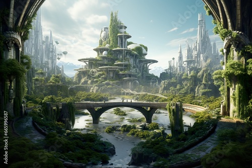 Surreal futuristic: green forest city. A sci-fi futuristic green forest city, environmental protection and the future