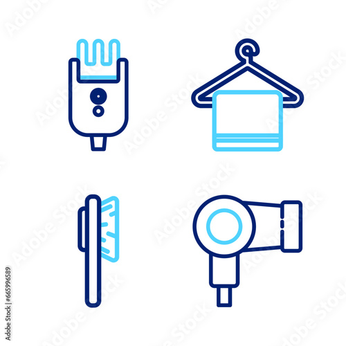 Set line Hair dryer, Hairbrush, Towel on hanger and Electrical hair clipper or shaver icon. Vector