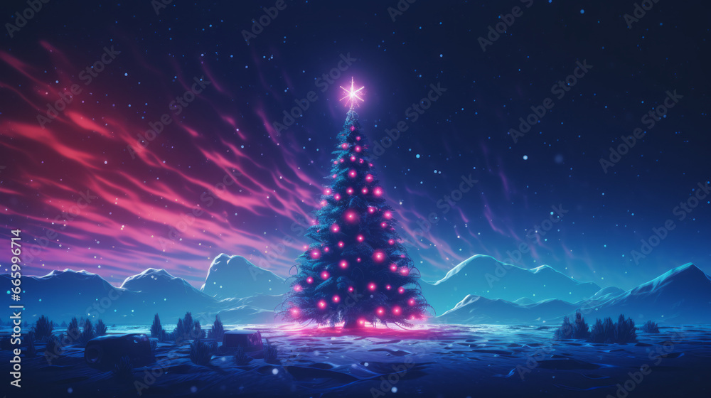Christmas Tree in snowy landscape in synthwave retro style, generated with ai.