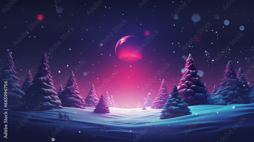 Naklejka premium Trees in snowy landscape in synthwave retro style, generated with ai.