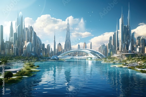 Surreal style  futuristic  modern water city  sci-fi style imaginative future water world