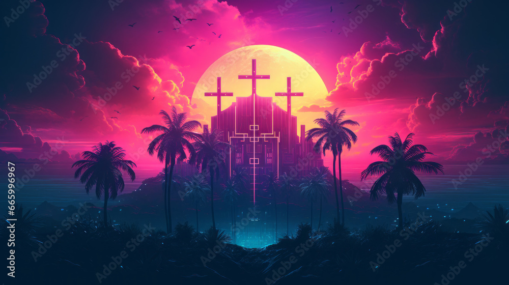 Obraz premium A jesus synthwave cross at sunset