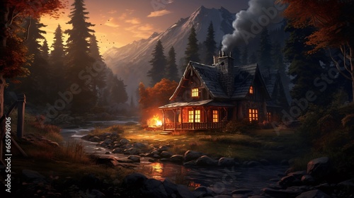 A cozy cabin in the woods with smoke rising from the chimney, generative AI