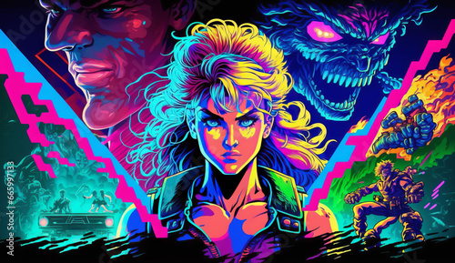 A retro 80s hero character in synthwave style