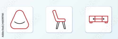 Set line Chest of drawers, Pouf and Armchair icon. Vector