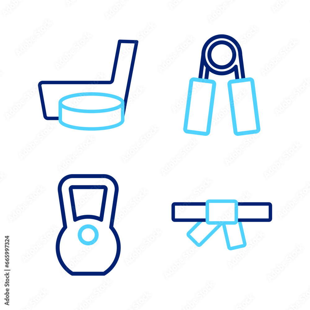 Set line Black karate belt, Kettlebell, Sport expander and Ice hockey stick puck icon. Vector Set line Black karate belt, Kettlebell, Sport expander and Ice hockey stick puck icon. Vector