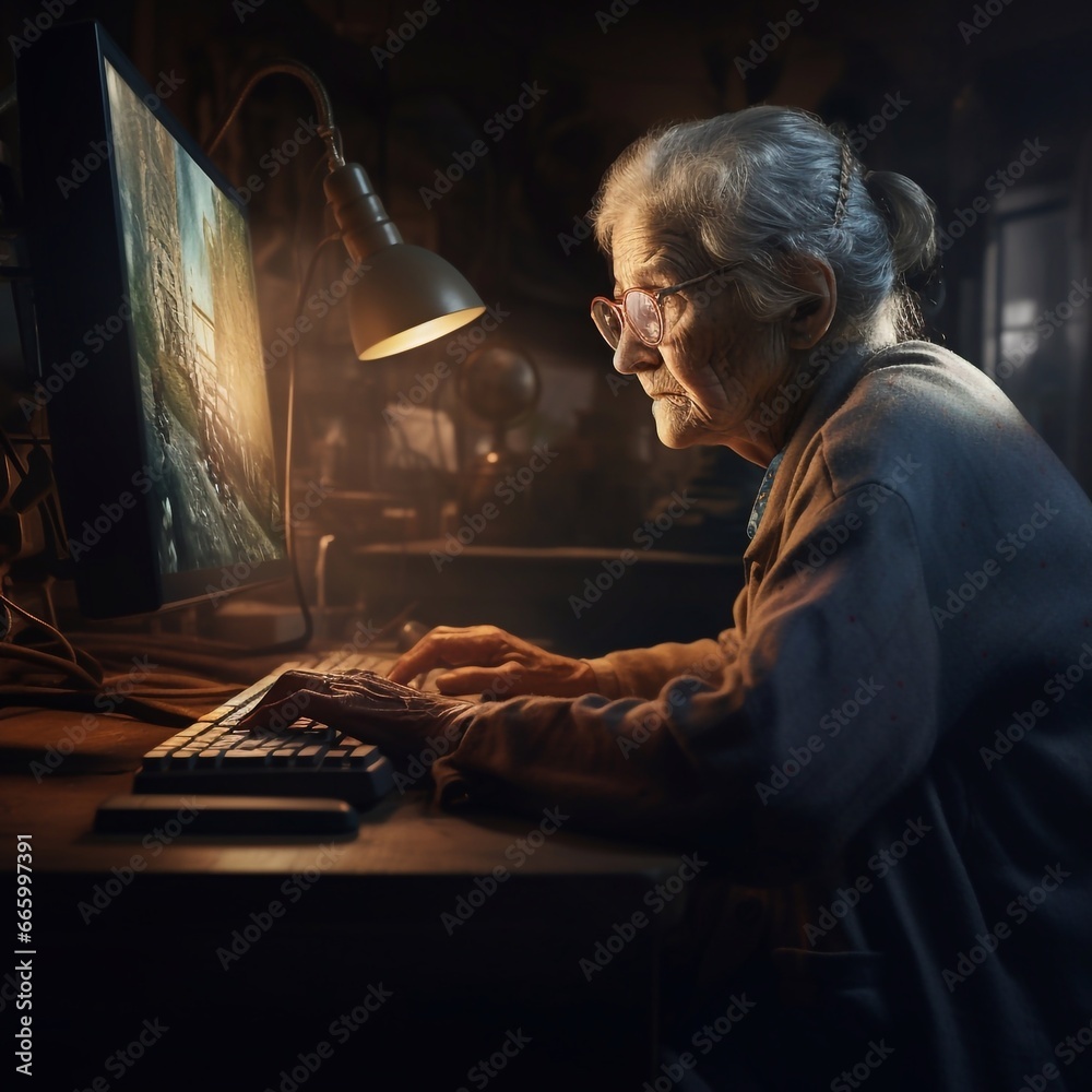 old lady working at the notebook at home,
