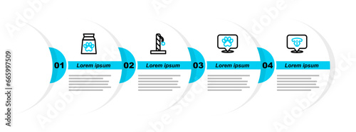 Set line Cat nose, Location veterinary hospital, scratching post and Bag of food for pet icon. Vector