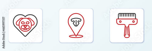 Set line Hair brush for dog and cat, Heart with and Cat nose icon. Vector