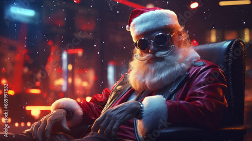 Badass Santa Claus with sunglasses, in synthwave/cyberpunk style. Generated with ai.