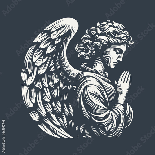 Angel praying. Vintage woodcut engraving style hand drawn vector illustration on dark background.