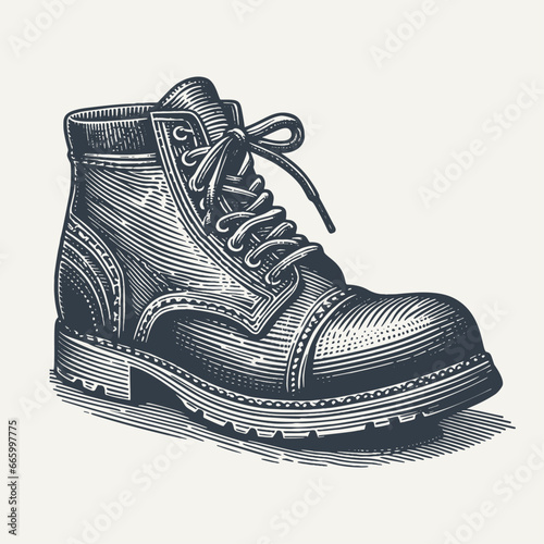 Leather boot with laces. Vintage woodcut engraving style hand drawn vector illustration.