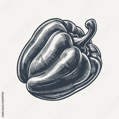 Bell pepper. Vintage woodcut engraving style hand drawn vector illustration.