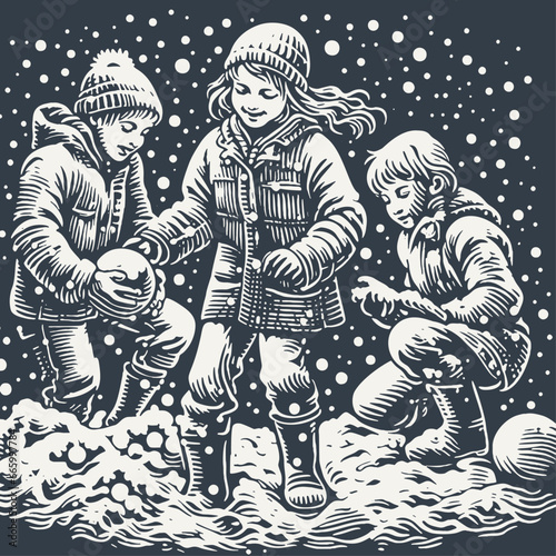 Kids playing in the snow. Vintage woodcut engraving style hand drawn vector illustration on dark background.