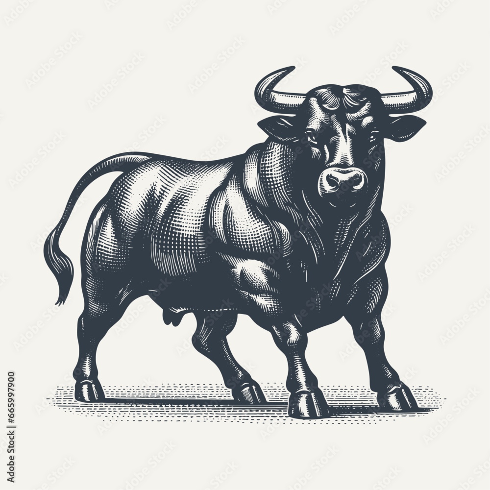 Fototapeta premium Muscular Bull. Vintage woodcut engraving style hand drawn vector illustration.