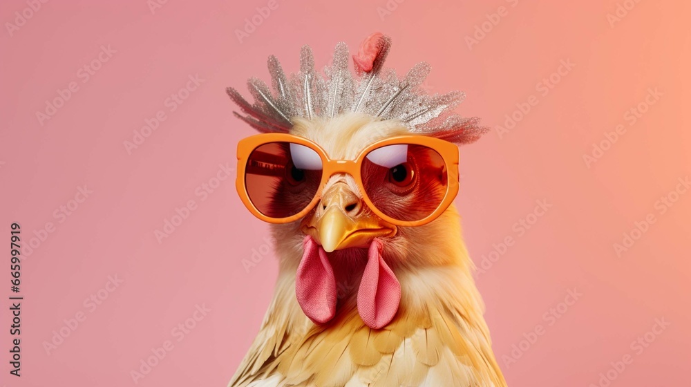 Creative animal concept. Chicken hen in sunglass shade glasses isolated on solid pastel background