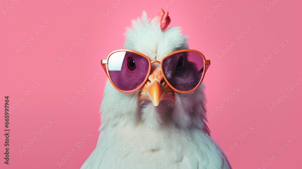 Creative animal concept. Chicken hen in sunglass shade glasses isolated on solid pastel background